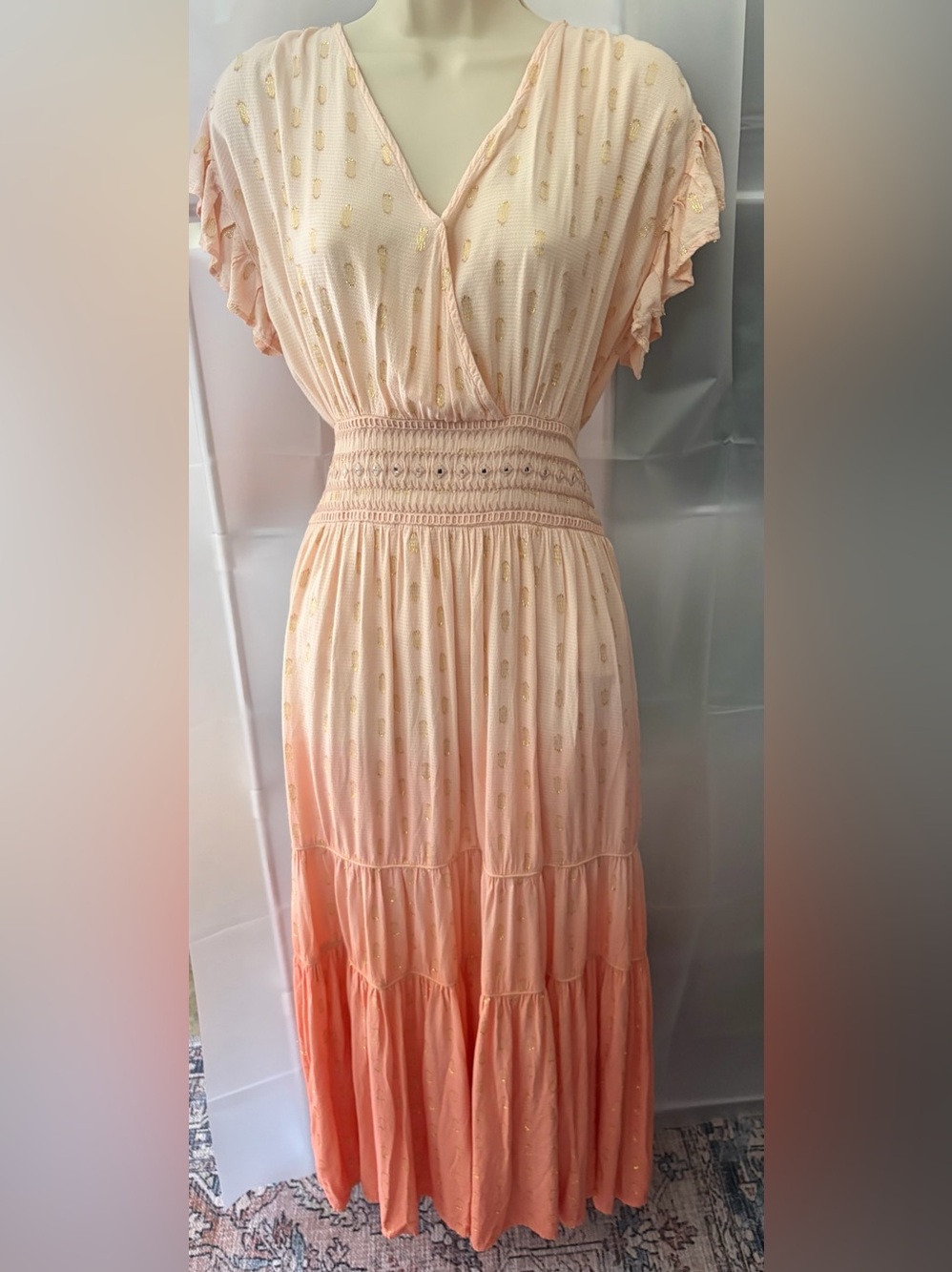 Smocked Waist Peach Ombre Midi Dress with Gold Dot Accents